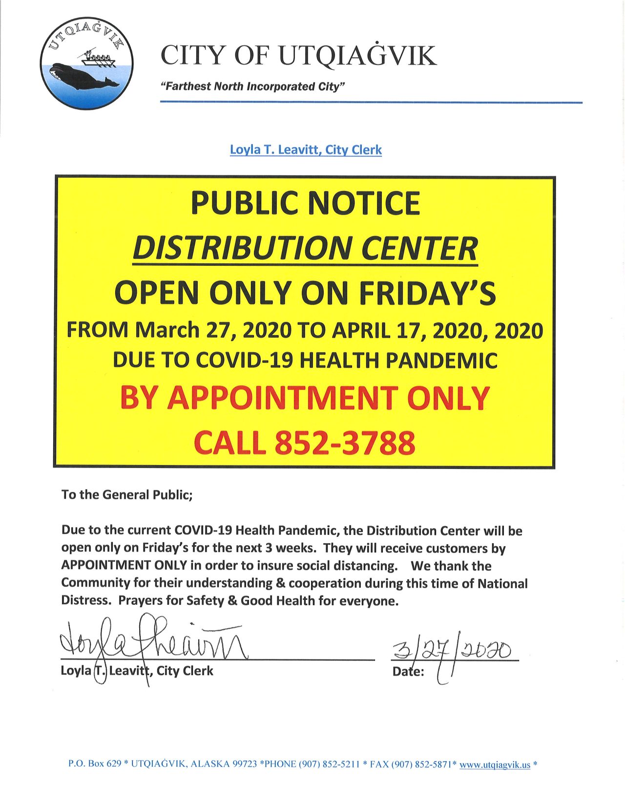 Distribution Center open only on Fridays – The City of Utqiagvik
